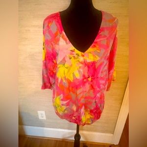 Trina Turk pink multi pullover blouse size M/L